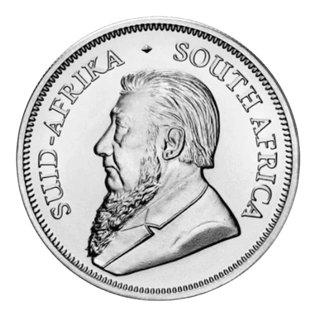 El Krugerrand de Plata 2026 de 1 oz es una moneda de plata con un hombre barbudo mirando hacia la izquierda, con la inscripción «SUID-AFRIKA» a la izquierda y «SOUTH AFRICA» a la derecha a lo largo del borde