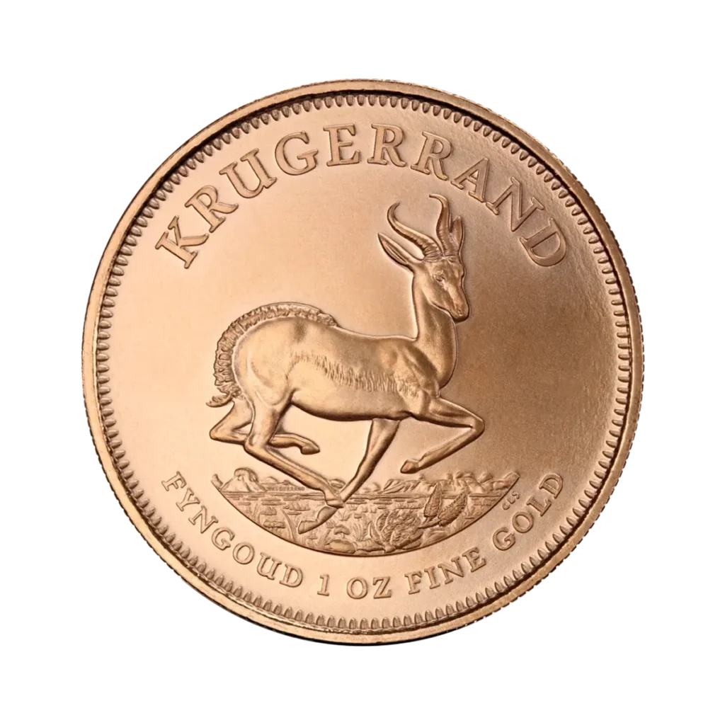 Moneda de 1 oz Krugerrand Oro Años mixtos con un antílope springbok, KRUGERRAND en la parte superior y FYNGOUD 1 OZ FINE GOLD en la parte inferior.