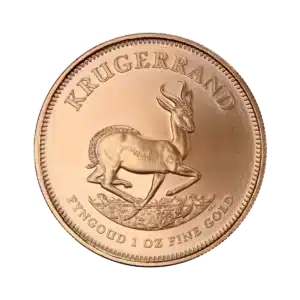 Moneda de 1 oz Krugerrand Oro Años mixtos con un antílope springbok, KRUGERRAND en la parte superior y FYNGOUD 1 OZ FINE GOLD en la parte inferior.