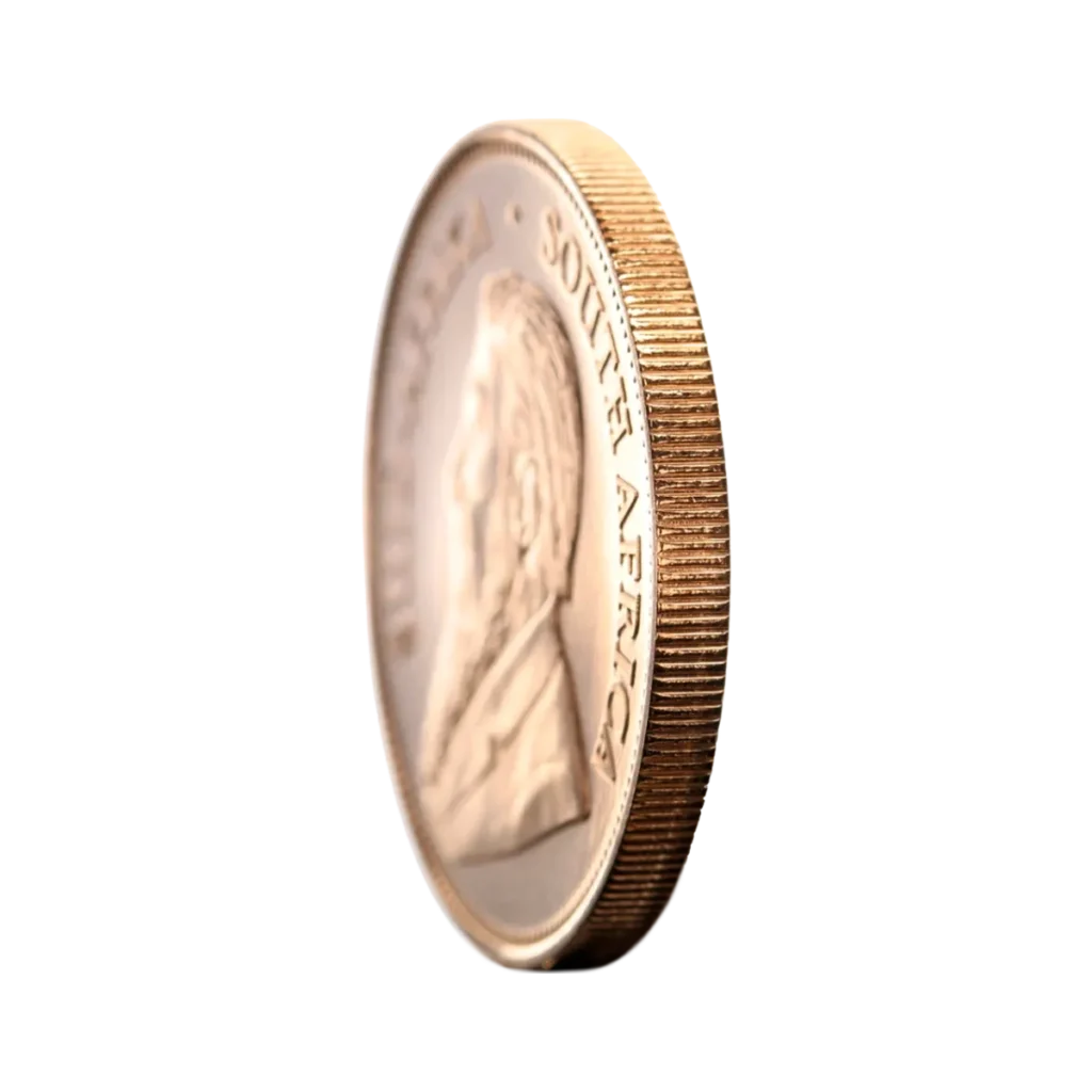 Primer plano lateral de una moneda de 1 oz Krugerrand Oro Años mixtos que muestra su canto estriado y parte de un retrato de perfil. En el canto aparece la inscripción SOUTH AFRICA SUDÁFRICA. El fondo es blanco con un efecto de movimiento borroso en el lado derecho.