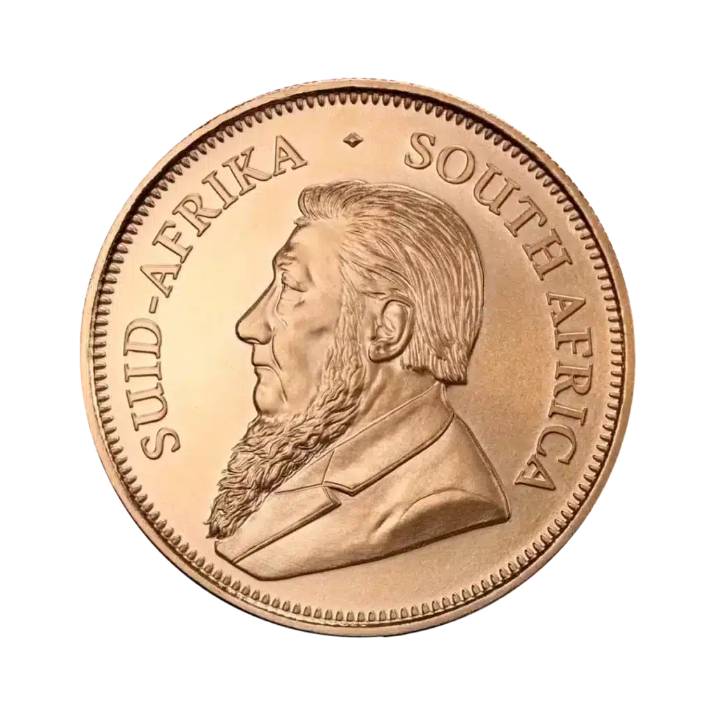 Moneda de oro Krugerrand Oro de 1 onza Años mixtos con la imagen de un hombre barbudo vestido de perfil y las inscripciones "SUID-AFRIKA" y "SOUTH AFRICA" en el canto.