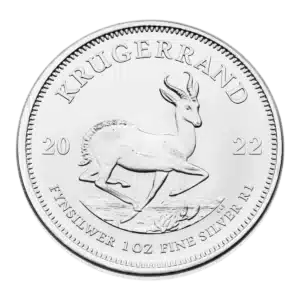 Una moneda de Krugerrand de plata de 2022 muestra un antílope springbok en su centro, rodeado por las inscripciones KRUGERRAND y FINE SILVER 1 OZ FINE SILVER R1 a lo largo del borde.