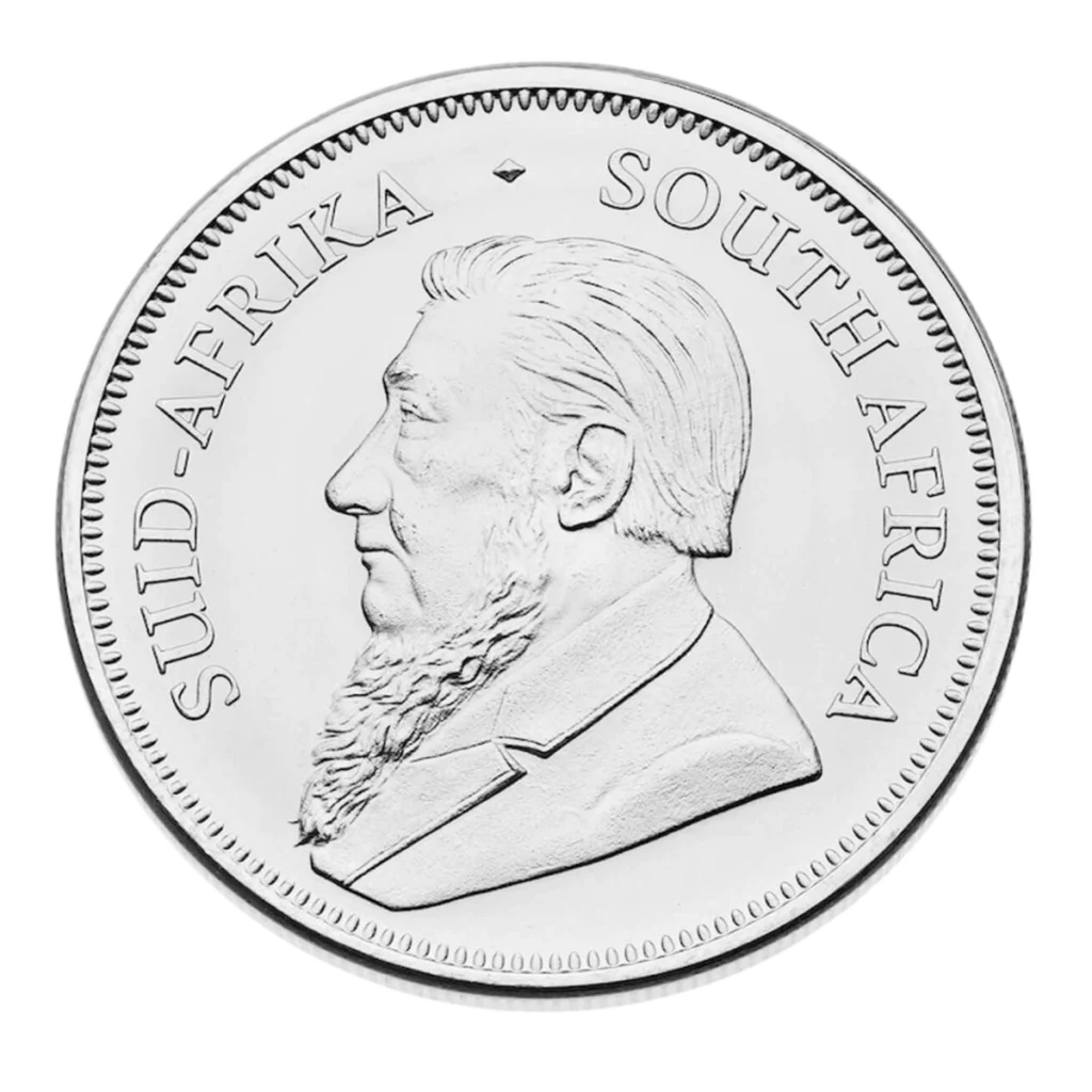 Moneda de Krugerrand de plata con el retrato de un hombre barbudo mirando hacia la izquierda y las inscripciones "SUID-AFRIKA" y "SOUTH AFRICA" en el canto.