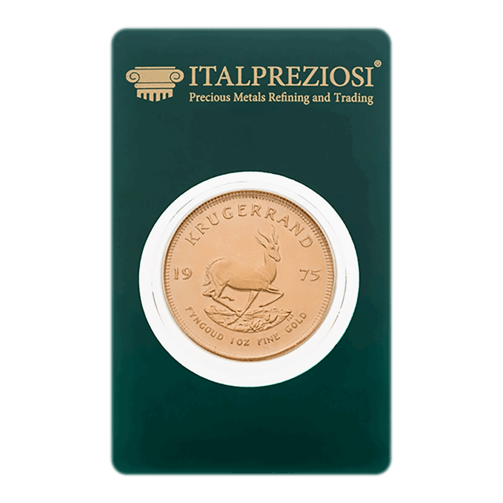 Un Krugerrand del 1975 nella confezione verde di Italpreziosi con l'etichetta "Precious Metals Refining and Trading" e l'iconico disegno dell'antilope springbok.