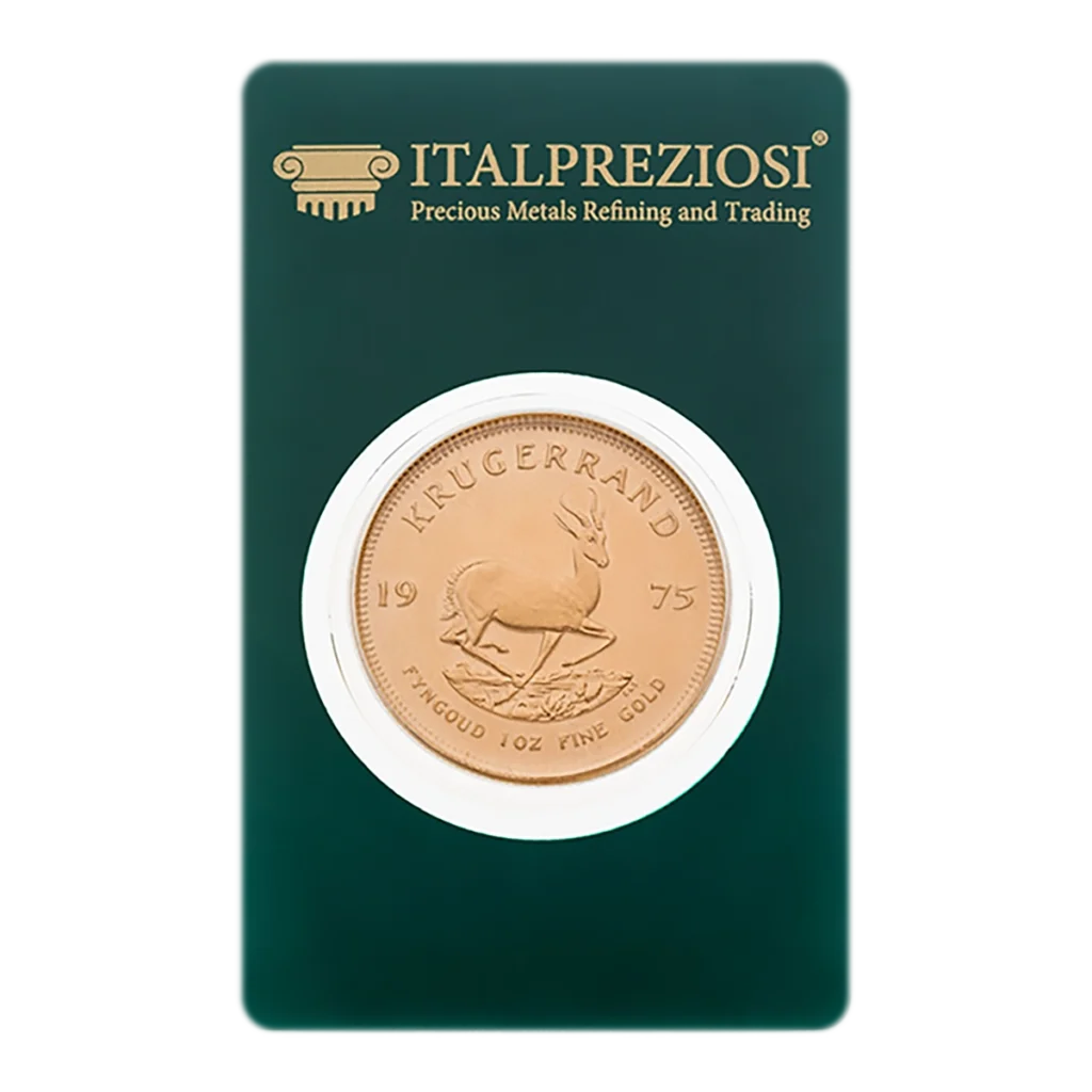 Moneda de Krugerrand de 1975 con un antílope springbok, presentada en un embalaje verde de Italpreziosi con la etiqueta "Precious Metals Refining and Trading".