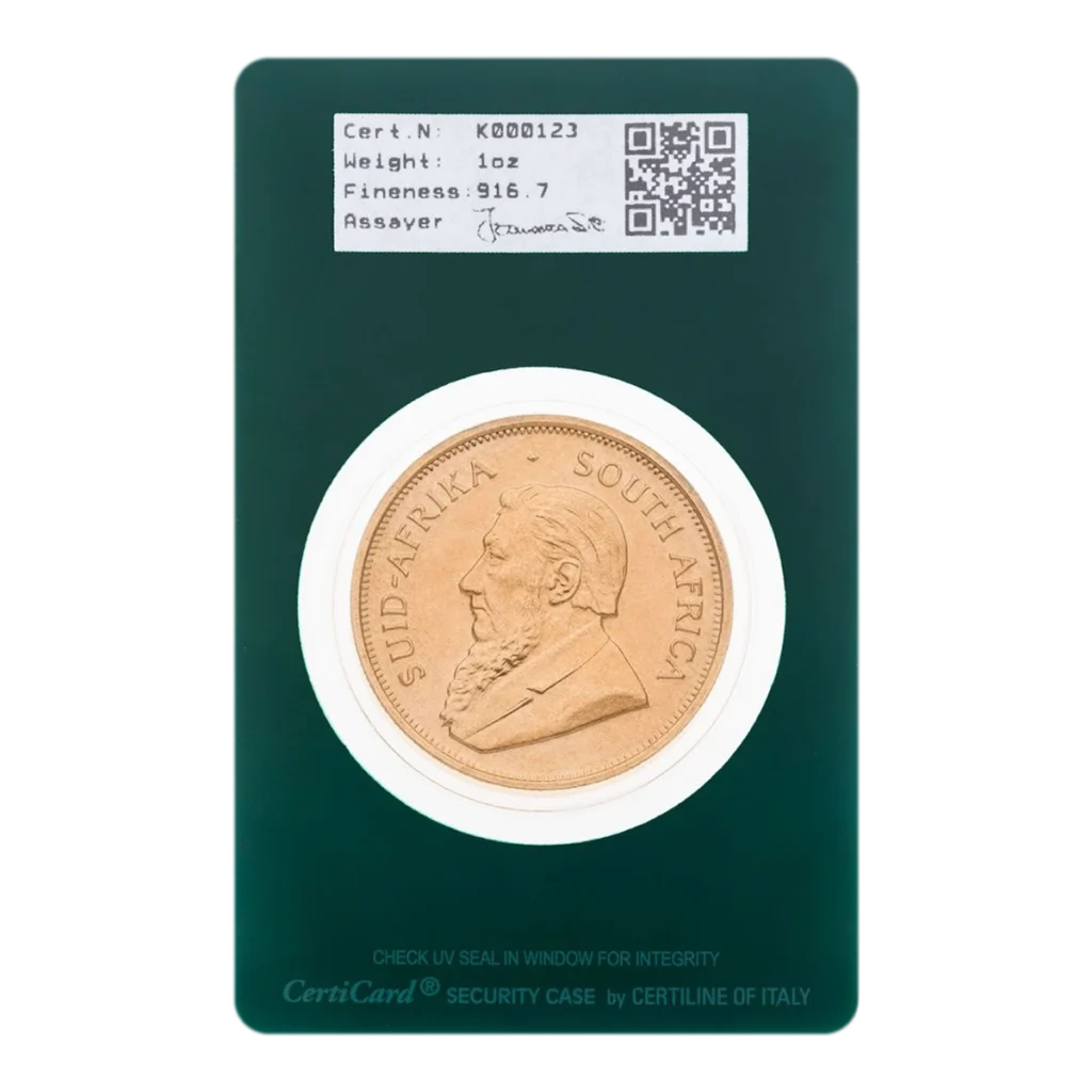 Moneda de oro Krugerrand con un hombre barbudo de perfil, contenida en un soporte verde con una etiqueta de certificación sobre la moneda que indica el número de serie, el peso, la ley y la firma del ensayador.