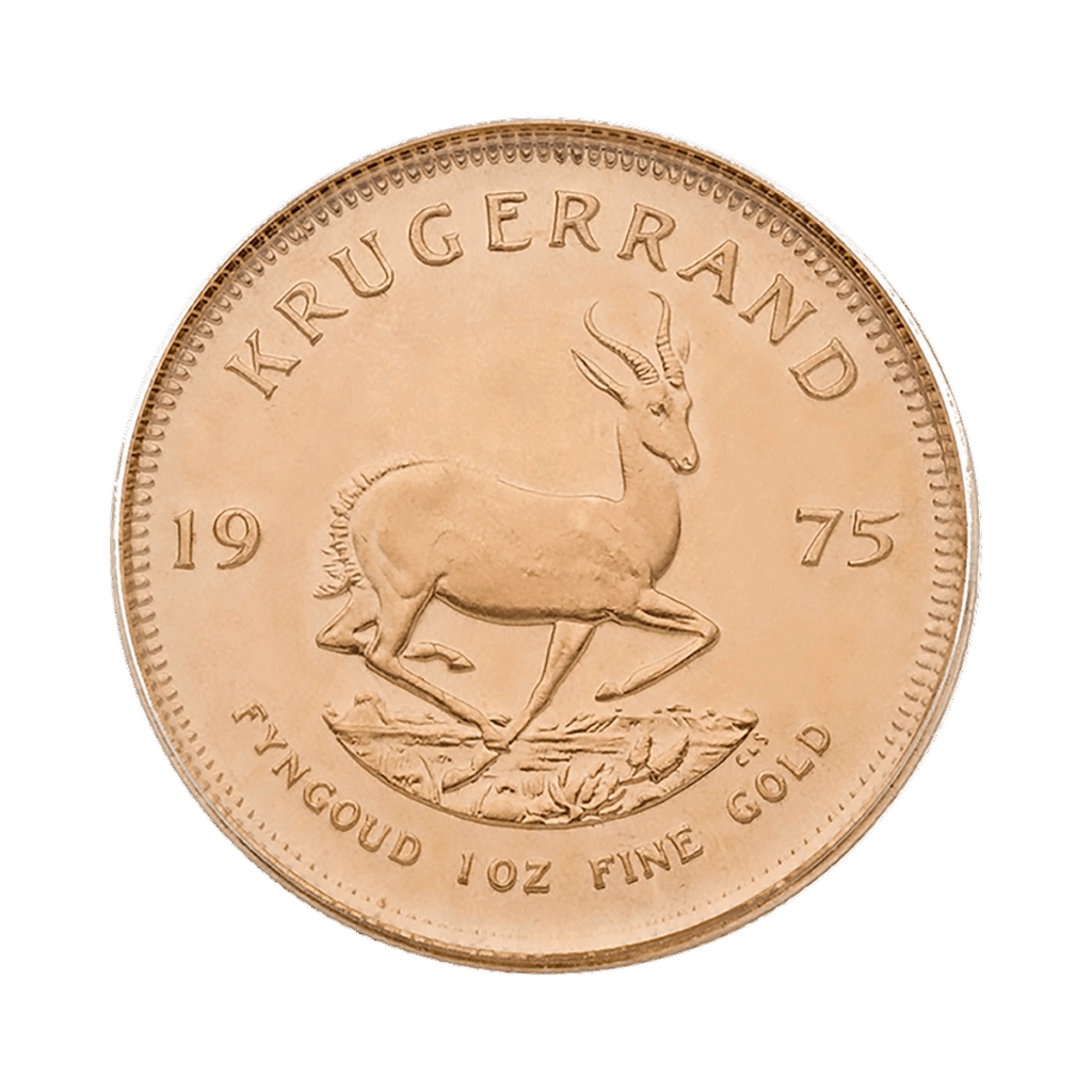 Moneta d'oro Krugerrand del 1975 con un'antilope springbok al centro, "KRUGERRAND" in alto e "FYNGOUD 1 OZ FINE GOLD" lungo il bordo inferiore.