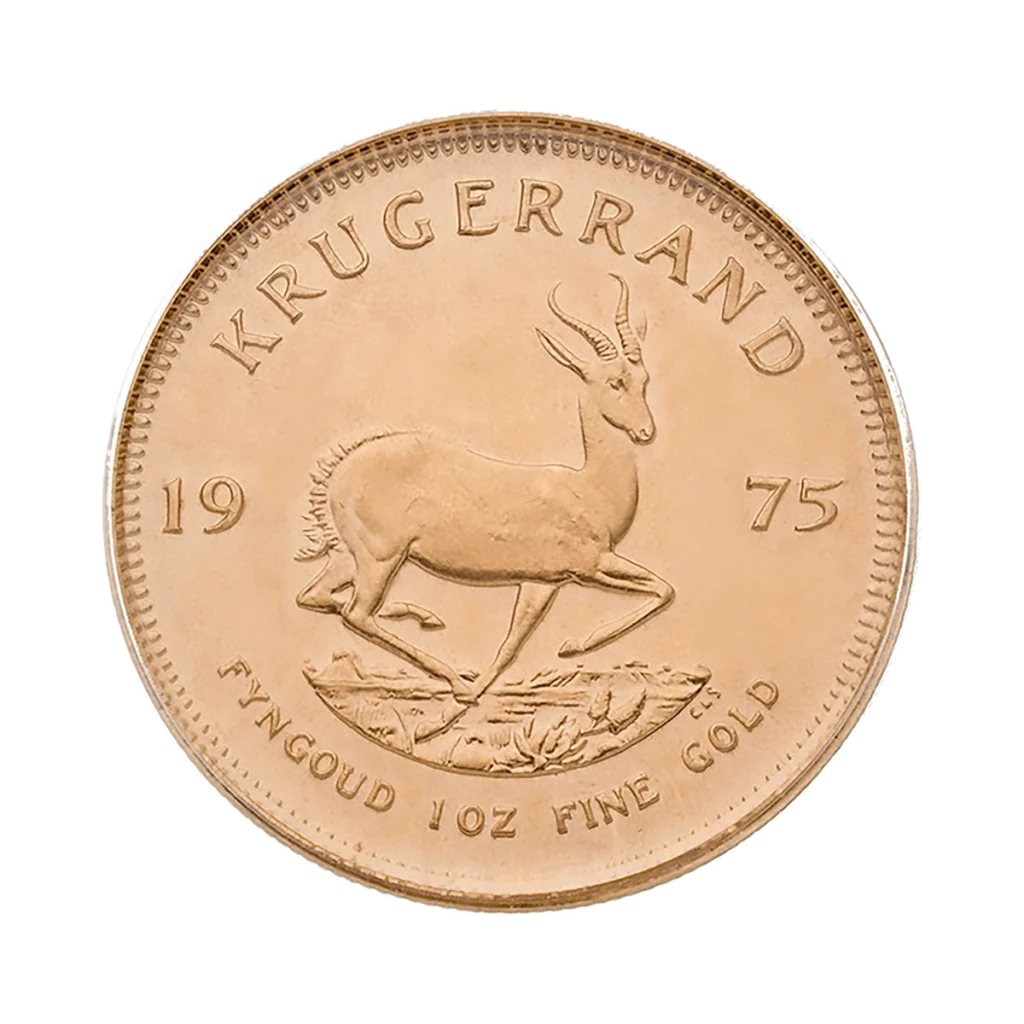 Una moneda de oro Krugerrand de 1975 muestra un antílope springbok en el centro, "KRUGERRAND" en la parte superior y "FYNGOUD 1 OZ FINE GOLD" debajo.