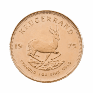 Moneta d'oro Krugerrand del 1975 con un'antilope springbok al centro, "KRUGERRAND" in alto e "FYNGOUD 1 OZ FINE GOLD" lungo il bordo inferiore.