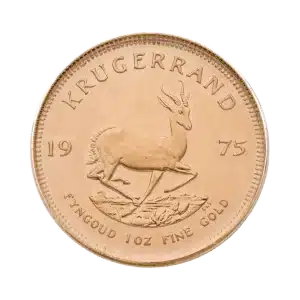 Una moneda de oro Krugerrand de 1975 muestra un antílope springbok en el centro, "KRUGERRAND" en la parte superior y "FYNGOUD 1 OZ FINE GOLD" debajo.
