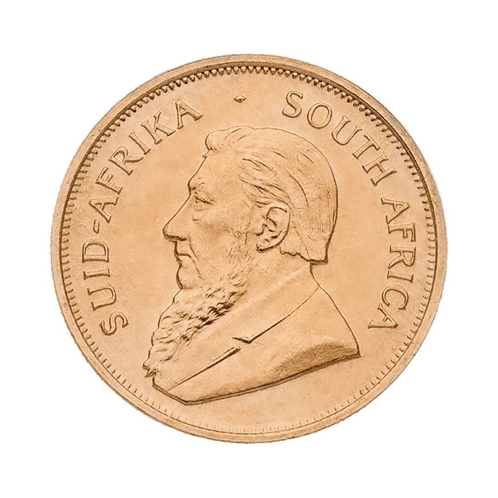 Una moneta d'oro Krugerrand mostra un uomo barbuto rivolto verso sinistra, con "SUID-AFRIKA" e "SOUTH AFRICA" incisi lungo il bordo.