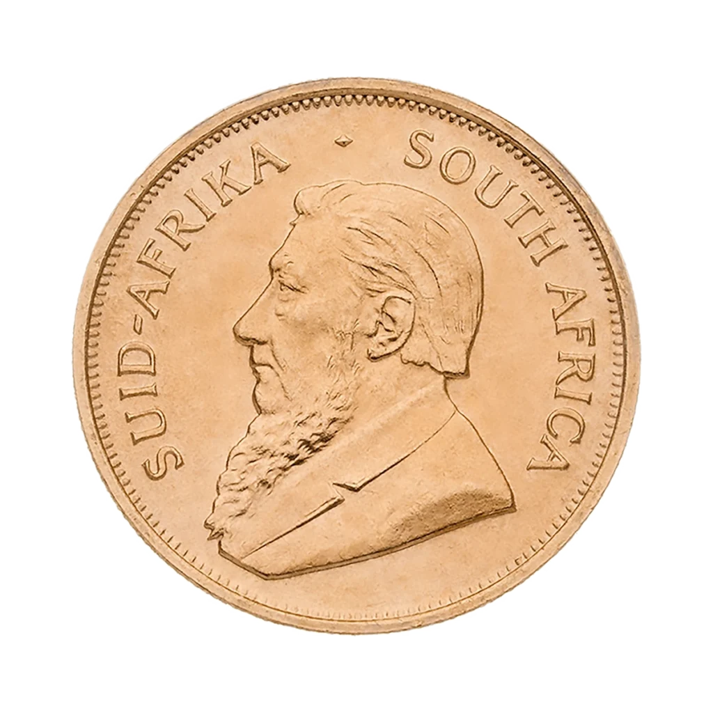 Moneda de oro Krugerrand con perfil masculino barbado mirando hacia la izquierda, con la inscripción "SUID-AFRIKA" a la izquierda y "SOUTH AFRICA" a la derecha a lo largo del borde.