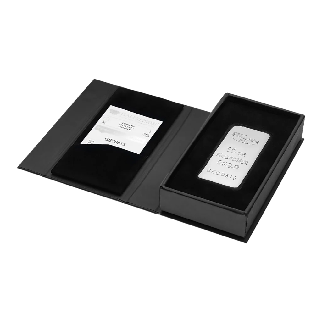 The 10 Oz Silver Bar and a certificate of authenticity are presented in a black presentation box featuring a velvet-lined interior.