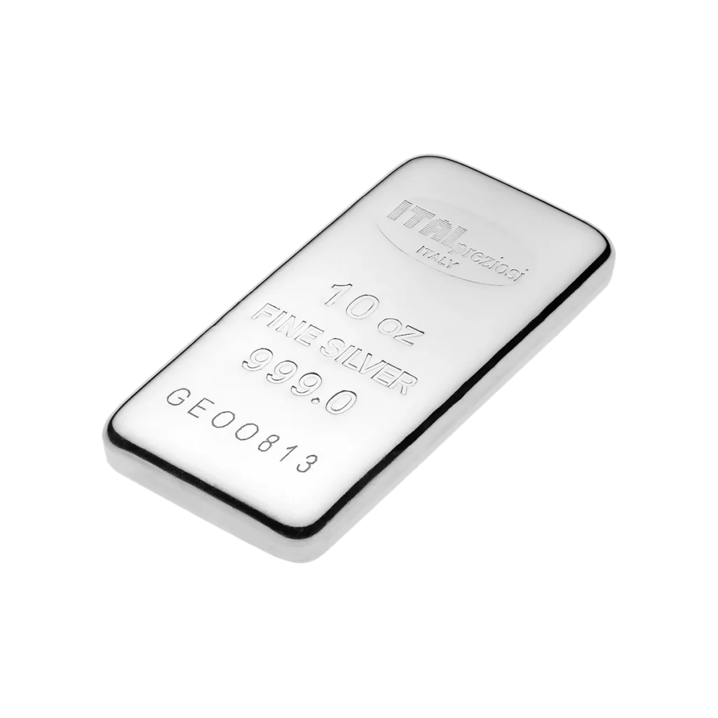 The 10 Oz Silver Bar is a rectangular bar with rounded edges, featuring engravings of "ITM Trading," "10 oz FINE SILVER 999.0," and serial number "GE00813" on a white background.