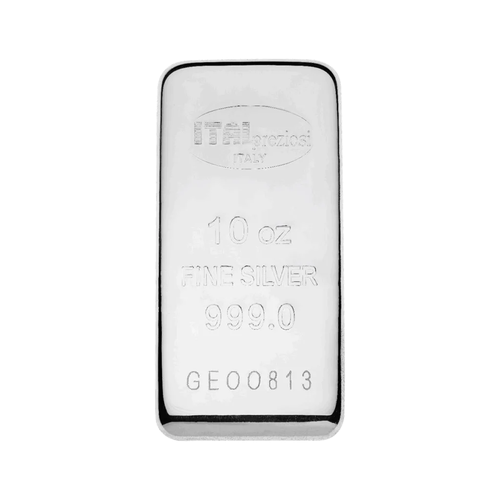 Lingotto Argento 10 once, timbrato con ITALPREZIOSI ITALY, 10 oz FINE SILVER 999.0 e GEO0813 sulla superficie lucida, isolato su sfondo bianco.