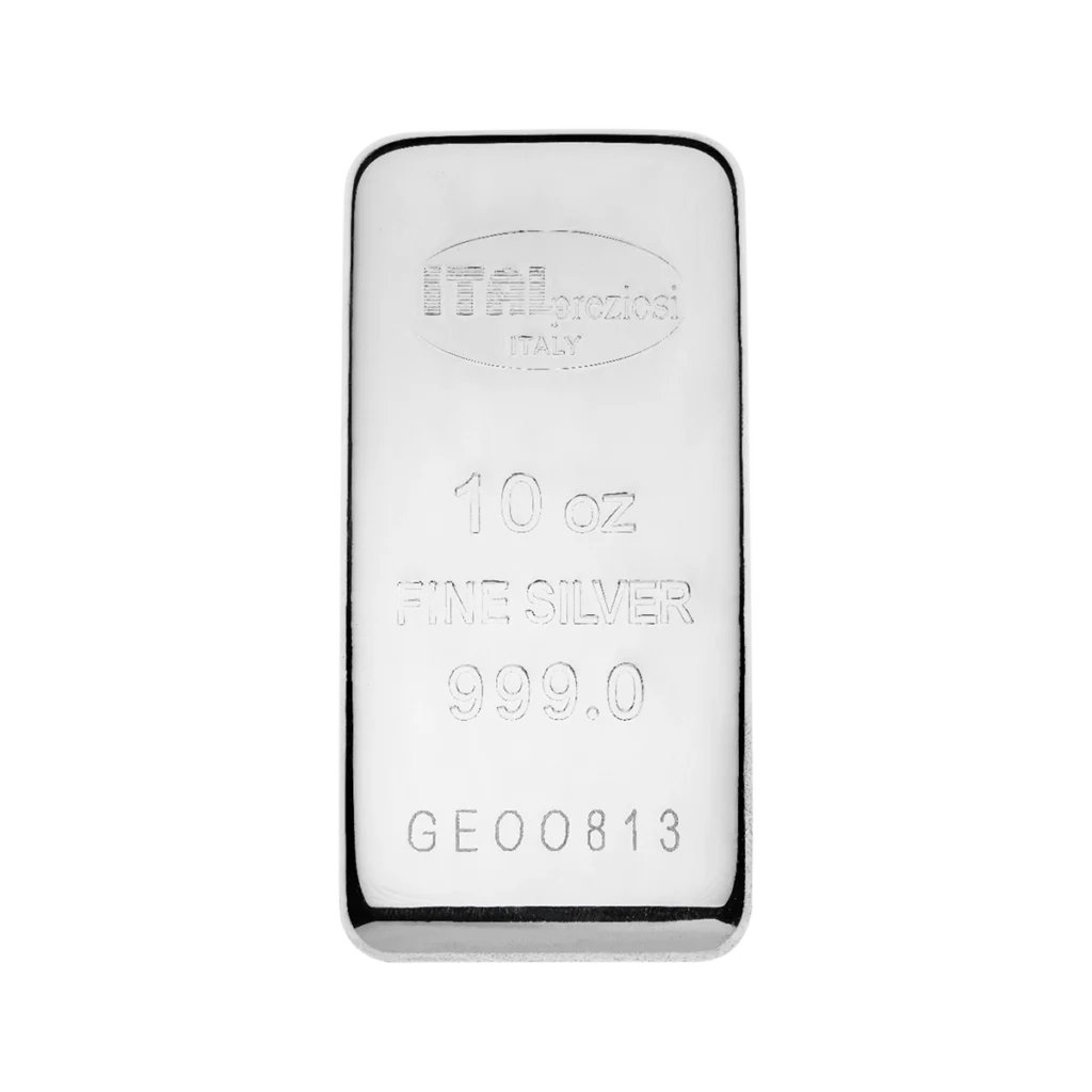 A 10 Oz Silver Bar stamped with “ITALpreziosi ITALY,” “10 oz FINE SILVER 999.0,” and serial number “GEO0813” is displayed on a white background.