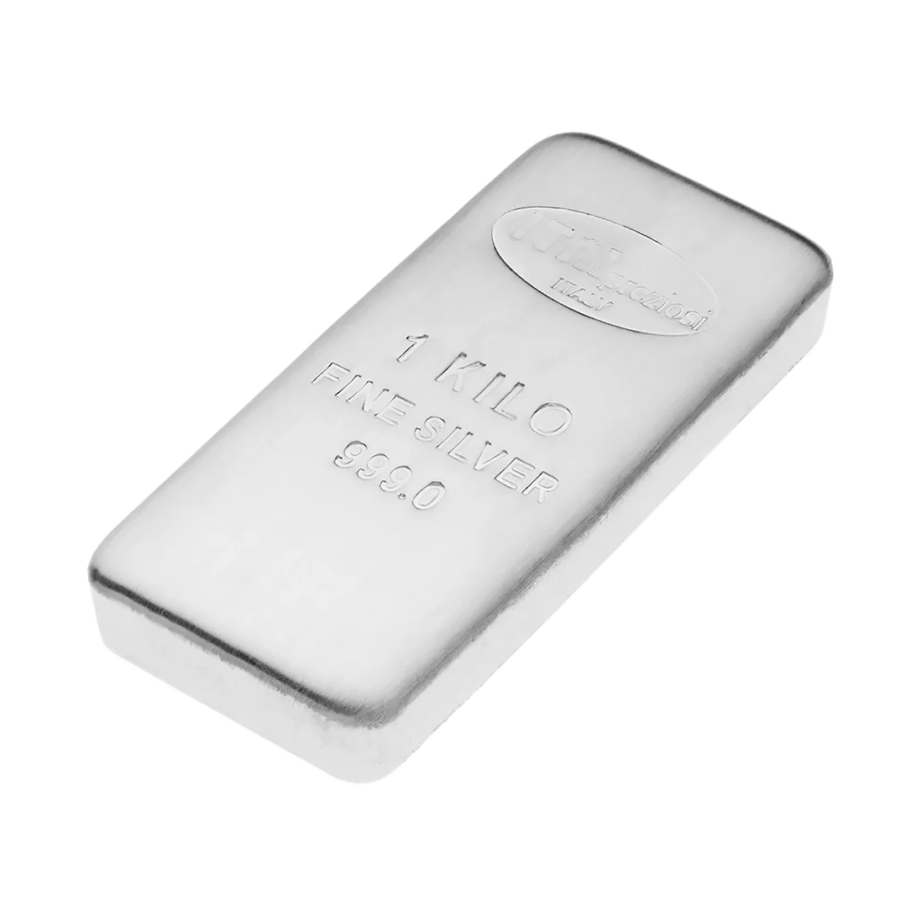 Barra de Plata de 1 Kg con bordes redondeados e inscripción "1 KILO FINE SILVER 999.0", exhibida sobre un fondo blanco.