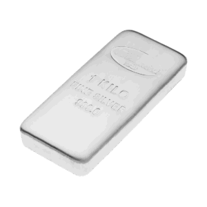 Il Lingotto Argento 1 Kg è una barra d'argento rettangolare del peso di 1 chilogrammo, con inciso "1 KILO FINE SILVER 999.0" e un logo sulla superficie superiore, su sfondo bianco.