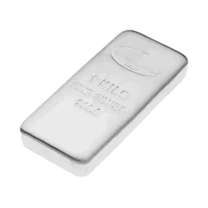 Il Lingotto Argento 1 Kg è una barra d'argento rettangolare del peso di 1 chilogrammo, con inciso "1 KILO FINE SILVER 999.0" e un logo sulla superficie superiore, su sfondo bianco.