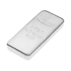 Barra de Plata de 1 Kg con bordes redondeados e inscripción "1 KILO FINE SILVER 999.0", exhibida sobre un fondo blanco.