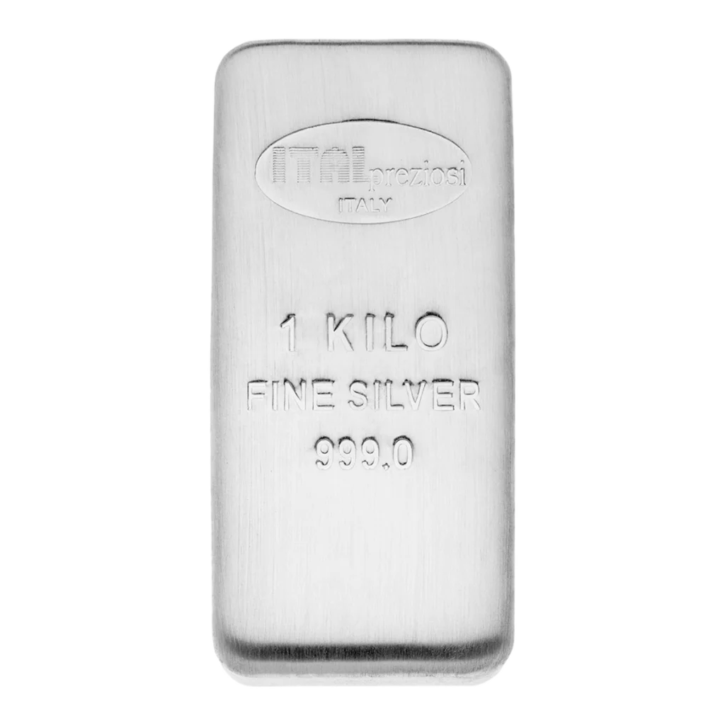 La Barra de Plata de 1 Kg está estampada con "1 KILO FINE SILVER 999.0" y un logo ovalado que dice "ITALpreziosi ITALY" sobre fondo blanco.
