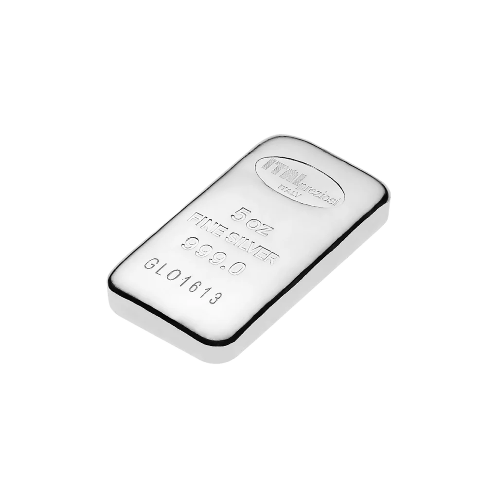 La Barra de plata de 5 oz, con bordes redondeados, grabada con "5 oz FINE SILVER 999.0" y un número de serie, se muestra sobre un fondo blanco.