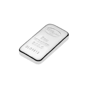 Il Lingotto Argento 5 Oz è un lingotto d'argento rettangolare con bordi arrotondati, con la dicitura "5 oz FINE SILVER 999.0" e il numero di serie, su sfondo bianco.