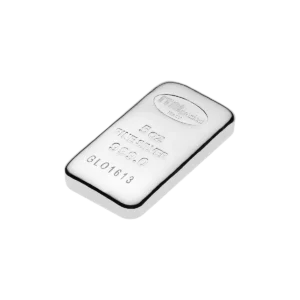 La Barra de plata de 5 oz, con bordes redondeados, grabada con "5 oz FINE SILVER 999.0" y un número de serie, se muestra sobre un fondo blanco.