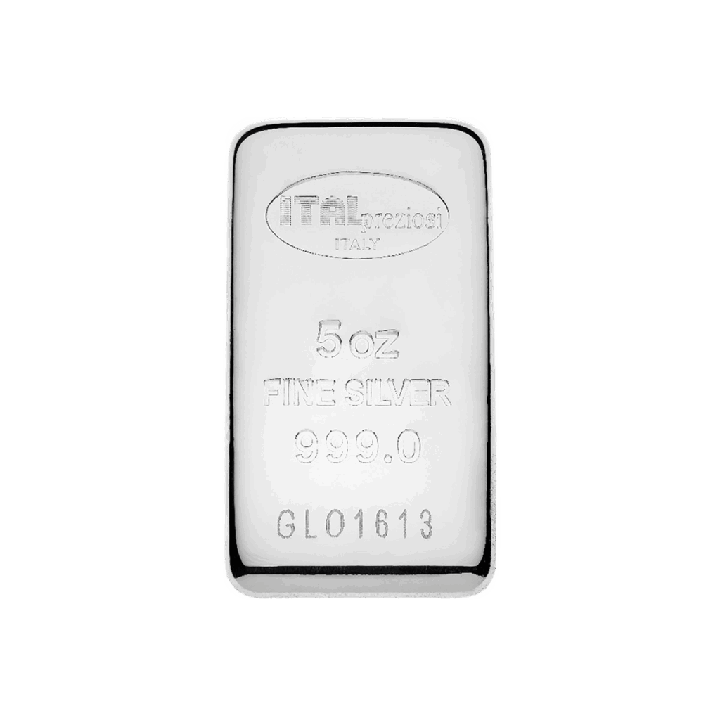 Il Lingotto Argento 5 Oz è un lingotto d'argento da 5 once con incisioni di Italpreziosi Italia, 5 oz FINE SILVER 999.0 e numero di serie GL01613 sulla superficie lucida.