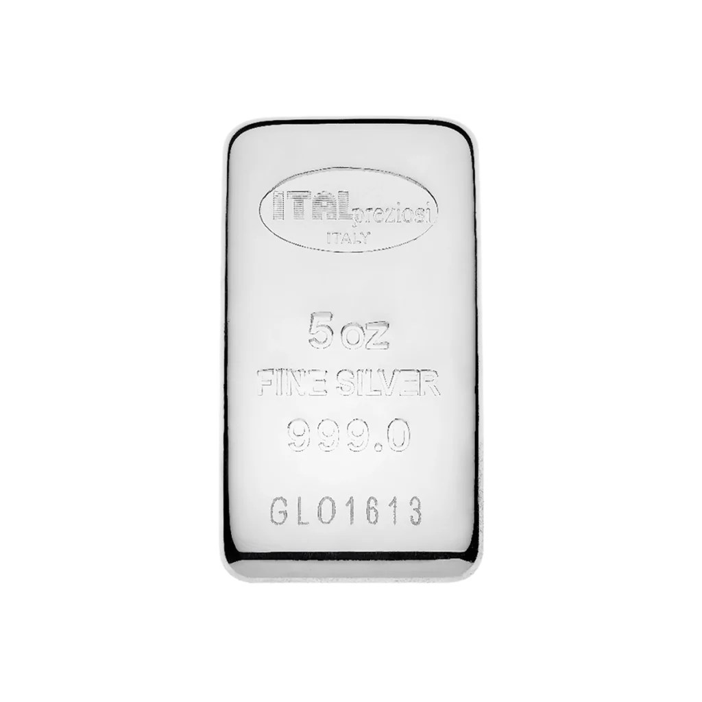 La Barra de plata de 5 oz tiene inscripciones que dicen Italpreziosi Italy, 5 oz FINE SILVER 999.0 y GL01613 grabadas en su superficie pulida.