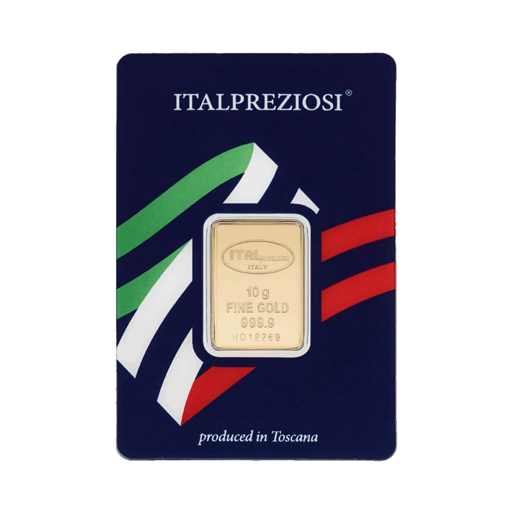 Il Lingotto oro 10gr è un lingotto d'oro fino sigillato in una confezione blu con il nome Italpreziosi, i colori della bandiera italiana e la scritta "prodotto in Toscana".
