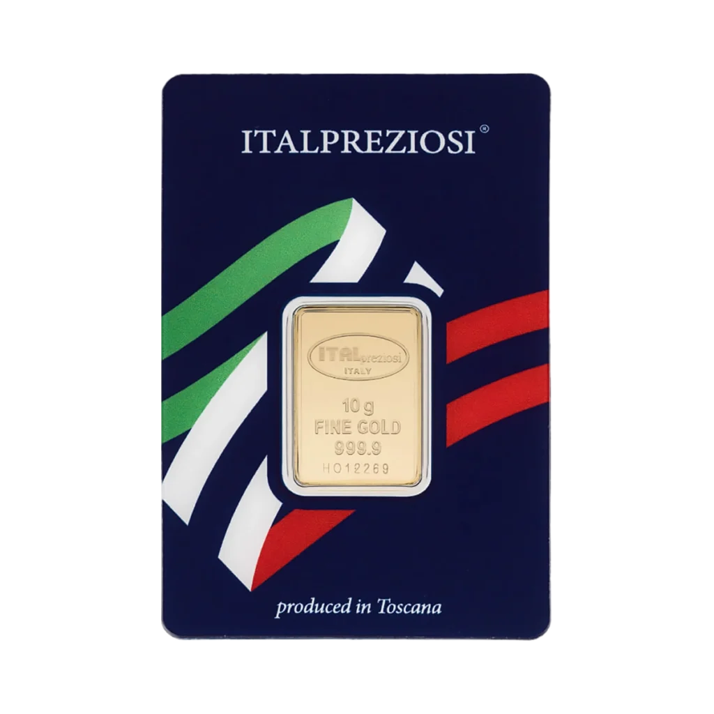 Lingote de oro de 10 g en envase azul marino con los colores de la bandera italiana, texto ITALPREZIOSI y producido en Toscana.