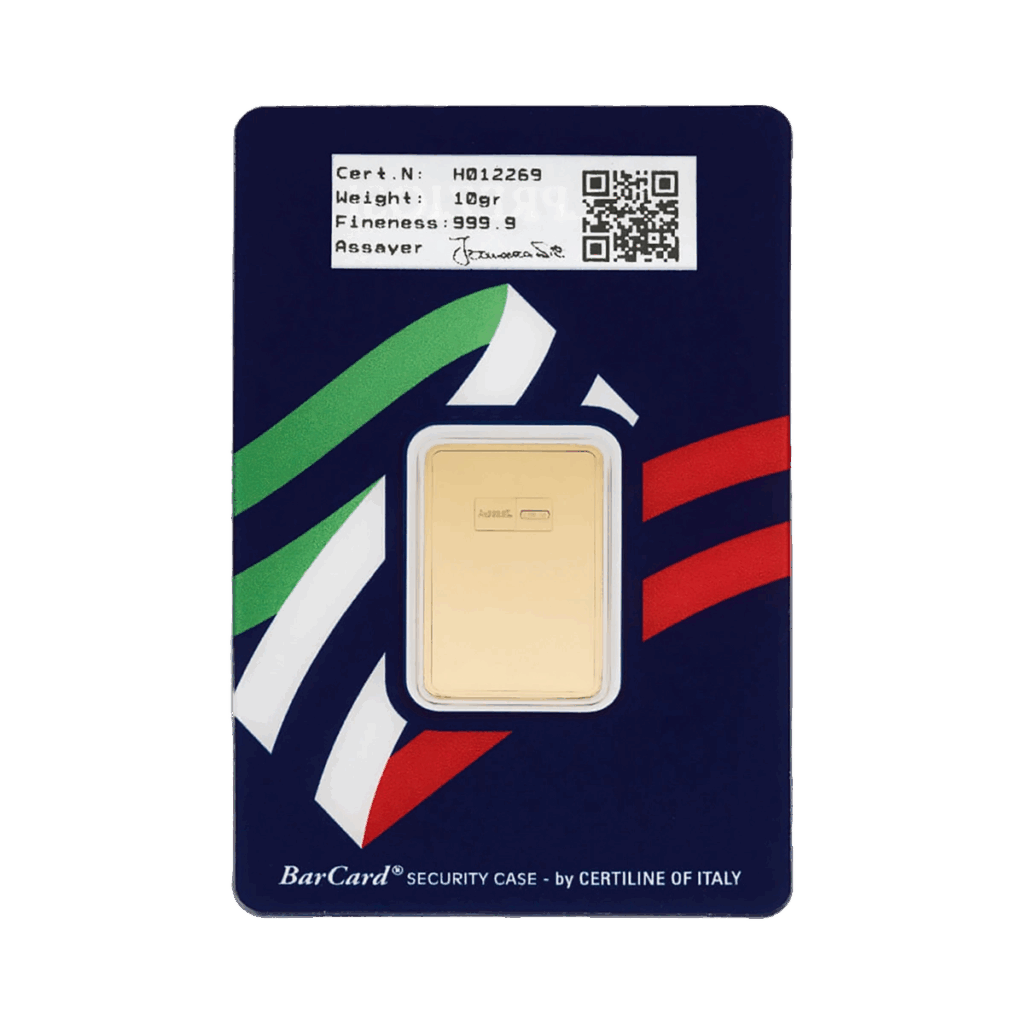 Il Lingotto oro 10gr è un lingotto d'oro da 10g racchiuso in una carta di sicurezza blu con i colori della bandiera italiana, i dettagli della certificazione e un codice QR, etichettata BarCard SECURITY CASE di CERTILINE OF ITALY.