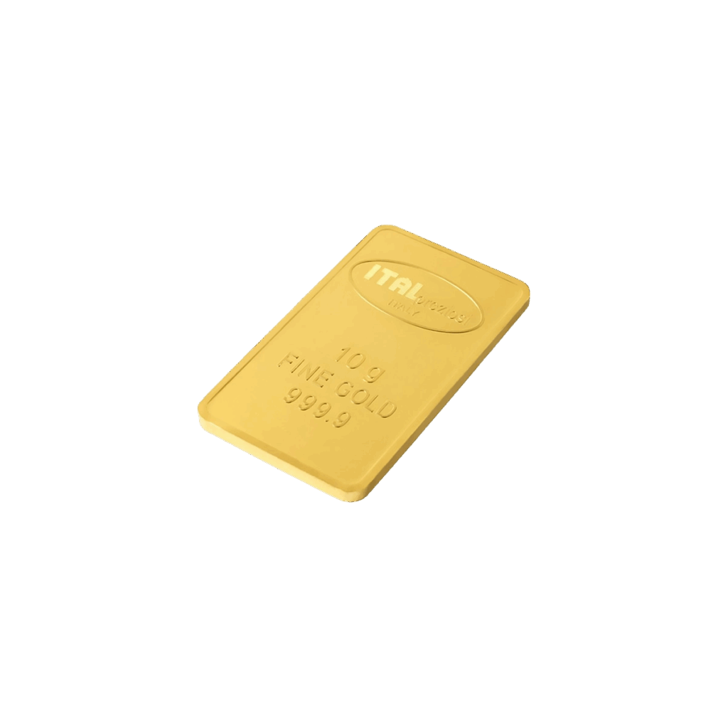 Il Lingotto oro 10gr è un lingotto d'oro rettangolare etichettato ITALPREZIOSI, con la dicitura "10 g ORO FINE 999,9" e visualizzato su uno sfondo bianco.