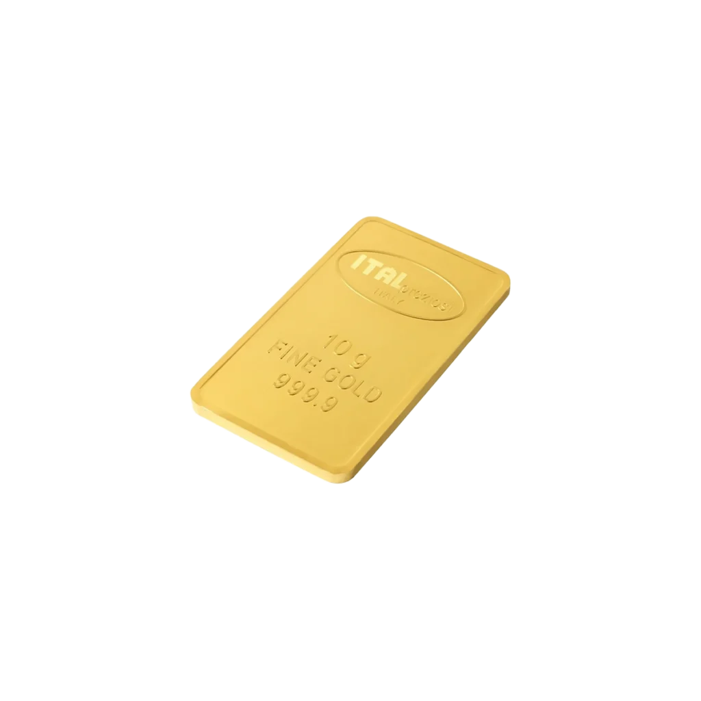 El Lingote de oro 10gr es un lingote de oro rectangular con las inscripciones ITALPREZIOSI, 10g, FINE GOLD, y 999.9 en su superficie, que se muestra sobre un fondo blanco.