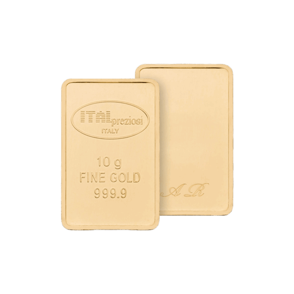 Due lingotti d'oro rettangolari da 10 grammi sono mostrati: uno reca la scritta "preziosi ITALY, 10 g FINE GOLD 999.9", mentre il retro è caratterizzato da una sottile scritta A K. Entrambi i lingotti hanno superfici lisce e lucide.