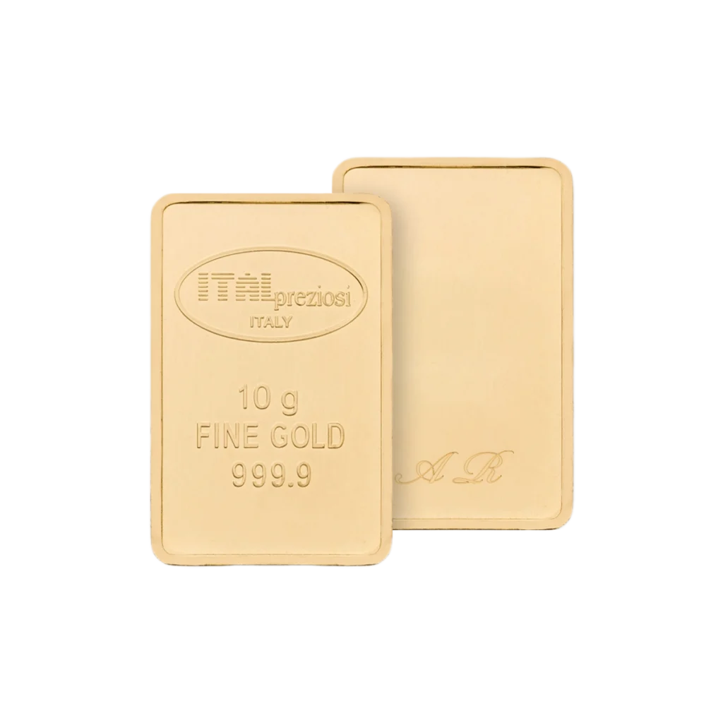 Dos barras rectangulares Lingote de oro 10gr, una hacia delante mostrando "10 g FINE GOLD 999.9", la otra vuelta hacia atrás; ambas presentan una superficie lisa y brillante y bordes redondeados.