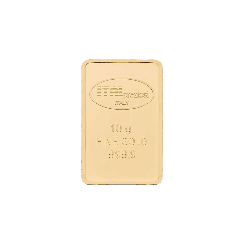 Il Lingotto oro 10gr è un lingotto d'oro rettangolare con bordi arrotondati e superficie liscia, con la dicitura in stampatello "ITALPREZIOSI ITALIA 10 g ORO FINE 999,9", su sfondo bianco.