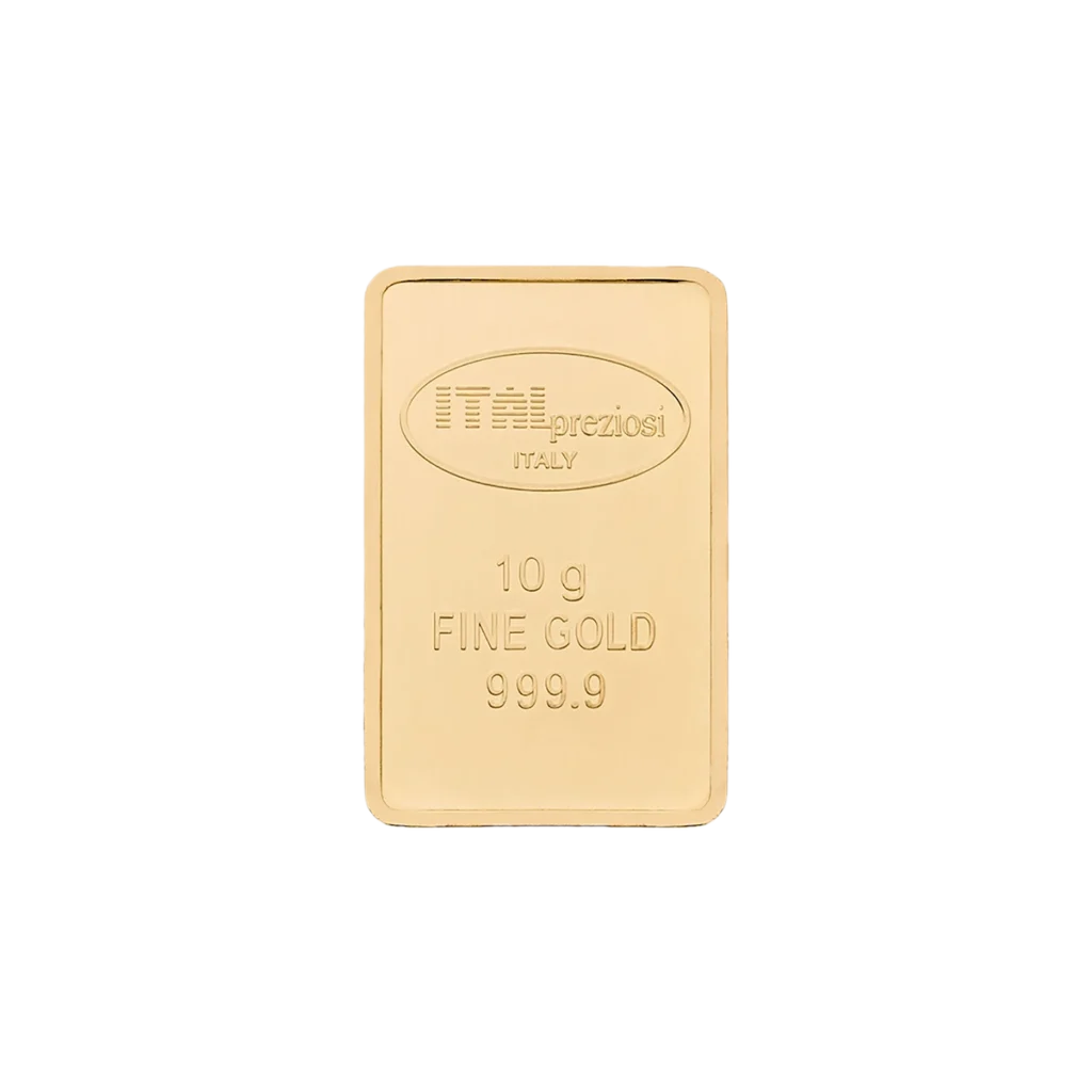 El Lingote de oro 10gr es un lingote de oro rectangular de 10 gramos con bordes redondeados, estampado FIIPreziosi ITALIA 10g ORO FINO 999,9, que se muestra sobre un fondo blanco liso.