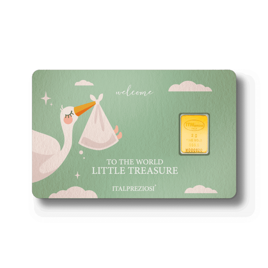 A green "Birth" card features a stork with a bundle, clouds, and the text "welcome TO THE WORLD LITTLE TREASURE." On the right side is an ITALPREZIOSI-branded gold bar.