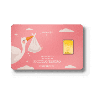 Biglietto rosa "Nascita bambina" con cicogna bianca che porta un fagottino tra le nuvole, dettagli in oro e testo in italiano per dare il benvenuto a un nuovo bambino.