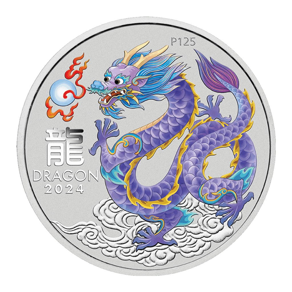 Moneta d'argento intitolata "Australia 2024 Serie Lunare III Anno del Drago 1 oz Argento BU Lilla", con un drago cinese colorato sopra le nuvole, con DRAGON 2024, un carattere cinese e P125 incisi.