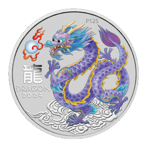 Moneta d'argento intitolata "Australia 2024 Serie Lunare III Anno del Drago 1 oz Argento BU Lilla", con un drago cinese colorato sopra le nuvole, con DRAGON 2024, un carattere cinese e P125 incisi.