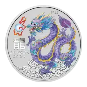 La moneda Australia 2024 Serie Lunar III Año del Dragón 1 oz Plata BU Lila muestra un detallado y colorido dragón chino con escamas azules y moradas, detalles amarillos, bigotes, aliento de fuego, DRAGON 2024 y caracteres chinos a la izquierda.