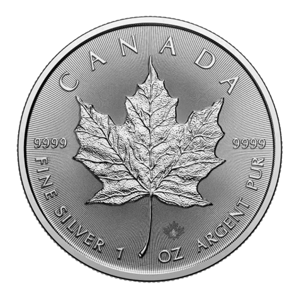 La moneta d'argento canadese da 1 oz Maple Leaf Argento 2025 è caratterizzata da una dettagliata foglia d'acero, con "CANADA", "FINE SILVER 1 OZ ARGENT PUR" e "9999" incisi sui bordi.