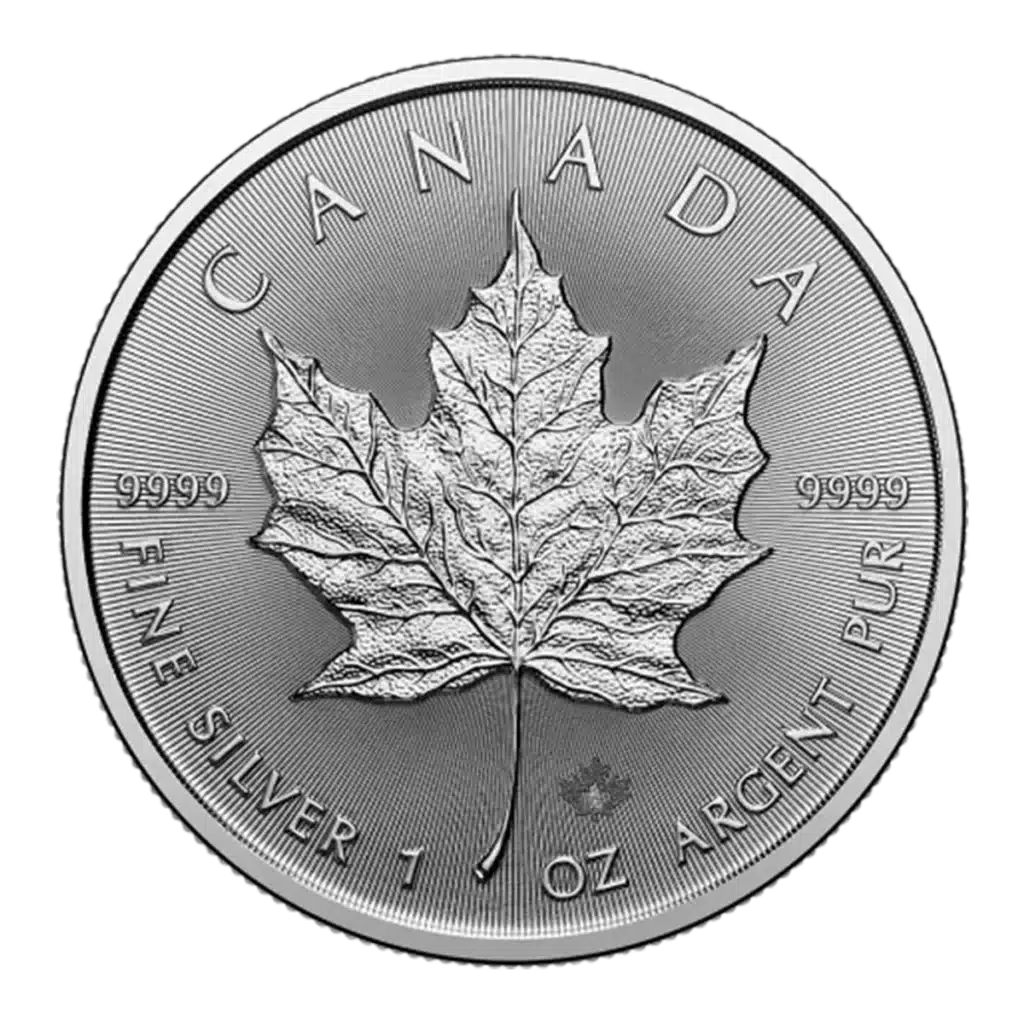 The 1 oz Maple Leaf Silver 2025 features a large central maple leaf, “CANADA” at the top, “FINE SILVER 1 OZ ARGENT PUR” below, and “9999” on either side of the leaf.