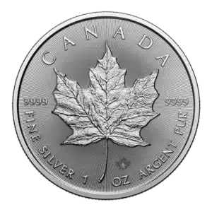 La Hoja de Arce Plata 2025 de 1 oz es una moneda de plata canadiense con una detallada hoja de arce en el centro, CANADA en la parte superior, FINE SILVER 1 OZ ARGENT PUR debajo, y marcada 9999 a ambos lados de la hoja.