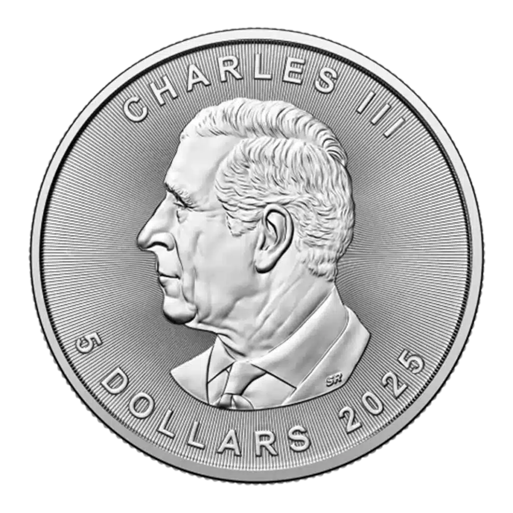 The 1 oz Maple Leaf Silver 2025 coin features a left-facing portrait of Charles III, inscribed with CHARLES III at the top and 5 DOLLARS 2025 at the bottom.