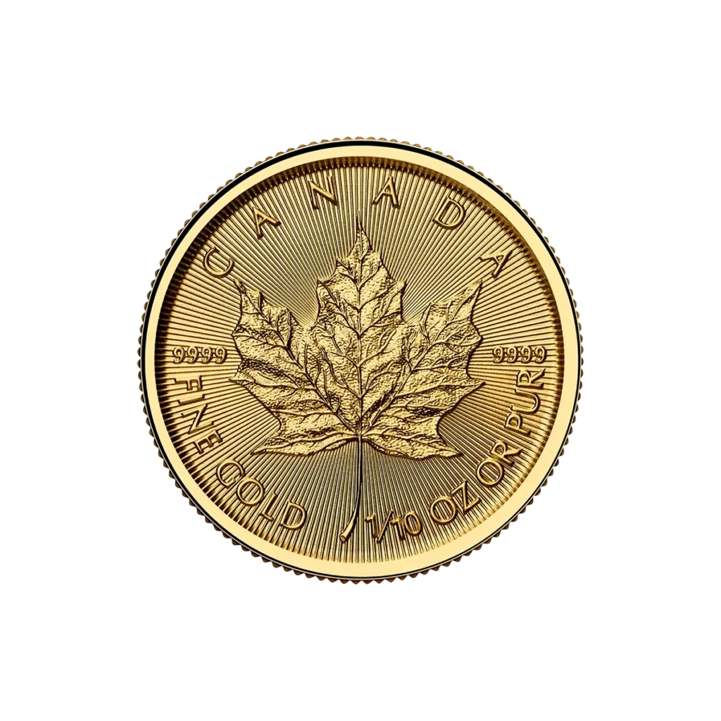 La 1/10 oz Hoja de Arce Oro 2025 es una moneda de oro canadiense que muestra una hoja de arce detallada, con CANADA, ORO FINO y 1/10 OZ O PUR inscritos alrededor del borde.
