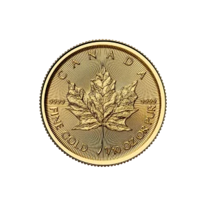 La 1/10 oz Hoja de Arce Oro 2025 es una moneda de oro canadiense que muestra una hoja de arce detallada, con CANADA, ORO FINO y 1/10 OZ O PUR inscritos alrededor del borde.